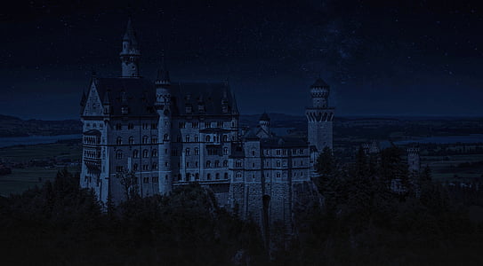 德国, 城堡, 锁, 新天鹅堡, 新天鹅堡, 晚上, 晚上城堡