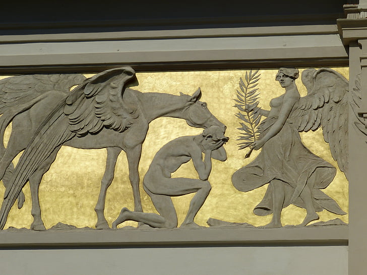 image, relief, antiquity, temple, mythology, horse, wing
