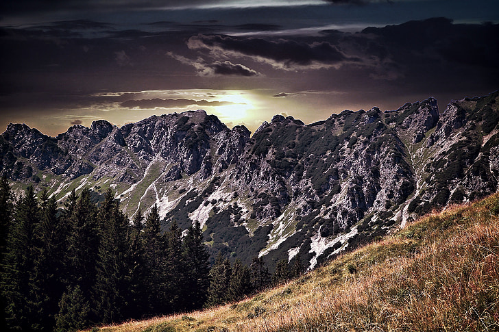 paisaje, montañas, Alm, Alpe, naturaleza, puesta de sol, iluminación