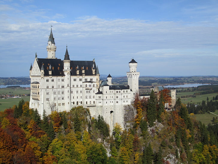 Kastil neuschwanstein, Jerman, Bavaria, hutan, musim gugur, tamasya, alam