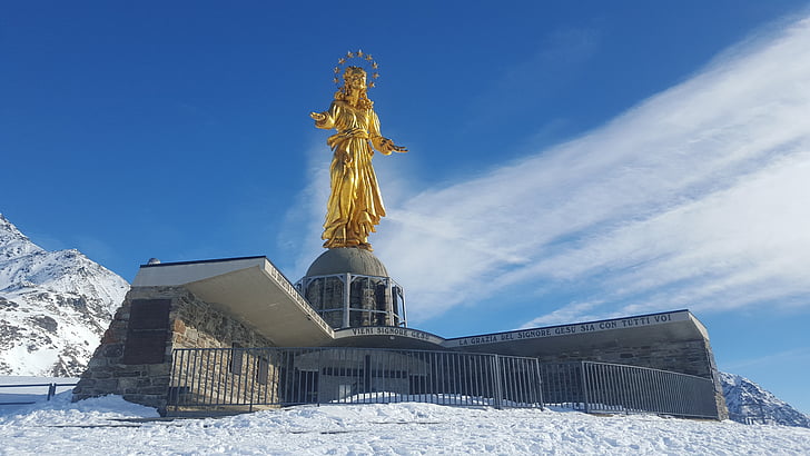 madonna, the statue of, figure, gold, madesimo, italy, snow