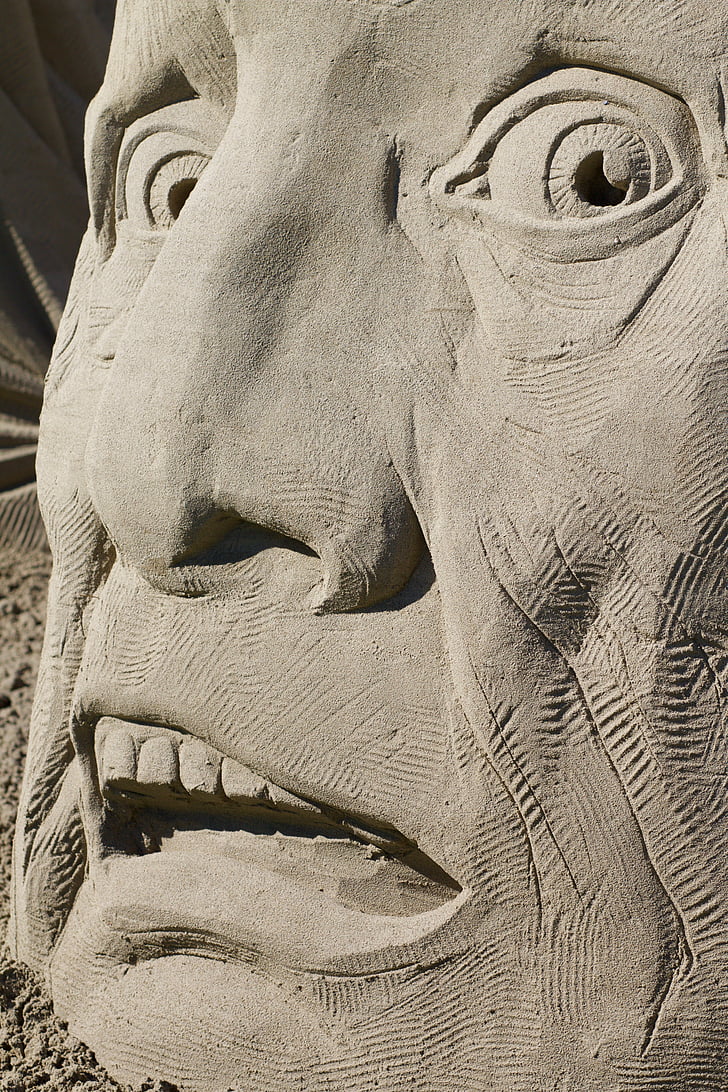 akių, nosies, burnos, veido, baimė, siaubo, smėlio skulptūros