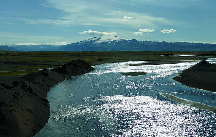 Island, floden, tilbage lys, bjerge, natur, landskab, Glacier river