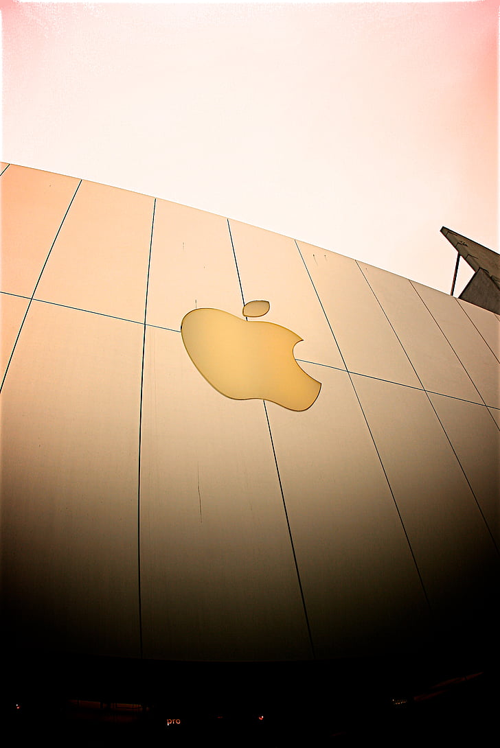 Apple, architettura, costruzione, logo, angolo basso girato, prospettiva