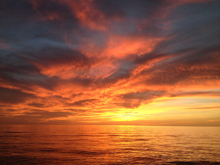 Sunset, punainen taivas, Ocean, dramaattinen taivas, ilta, Horizon, maisema