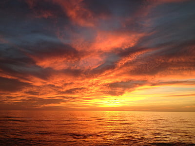 západ slnka, červená obloha, Ocean, Dramatická obloha, večer, Horizon, Príroda