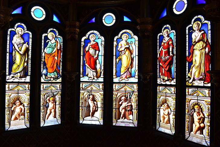 stained glass, stained glass windows, church, oratory, chapel, saints, angels