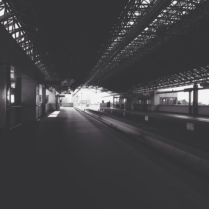 pelēktoņu, fotogrāfija, vilciens, stacija, stacijas ēka, iekštelpās, izgaismotas