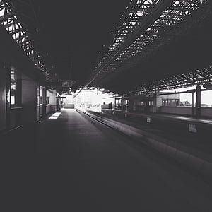 scala di grigi, fotografia, treno, Stazione, costruzione della stazione, al chiuso, illuminato