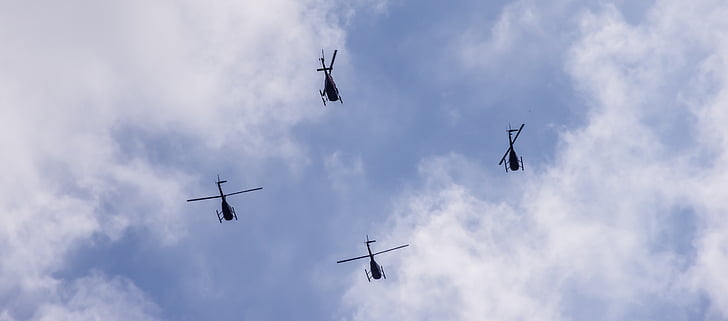 helicòpters, aeronaus, quatre, 4, volant, cel, blau