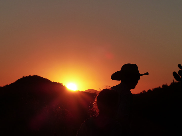 vaquer, posta de sol, EUA, salvatge oest, barret