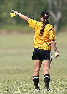 fotboll, domaren, kvinna, gult kort, spel, fotboll, idrott
