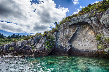 new zealand, mural, maori, rock, water, sea, relief