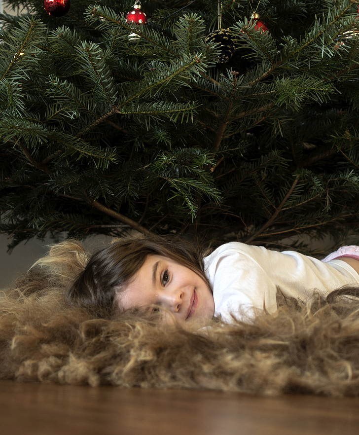 jeune fille, enfant, Xmas, arbre de Noël, se détendre, Kid, heureux
