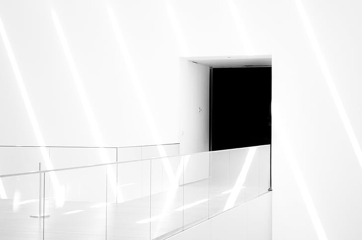 black-and-white, building, clean, clear, door, glass, hallway