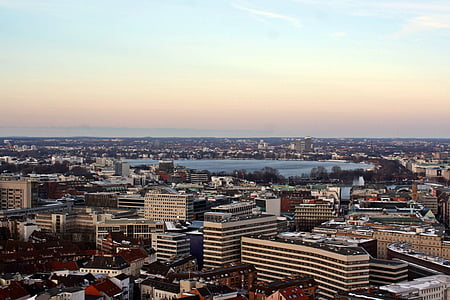Alster, Hamburk, Panorama, od michel, abendstimmung, hamburgensien, soumraku
