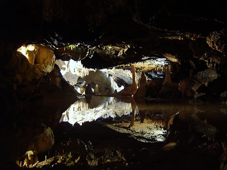 koobas, stalaktiidid, stalagmiidid, peegeldus, vee, underground, looduslik