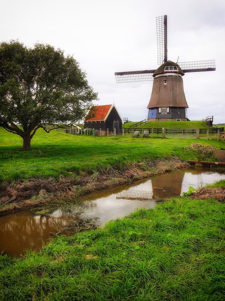 netherlands, windmill, canal, stream, trees, grass, landscape