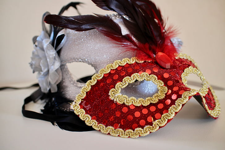 Carnival, masker, serpentiner, kostym, förklädnad, röd, konfetti