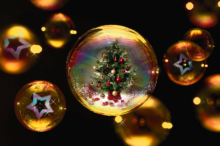 Boże Narodzenie, Choinka, ozdoba, światła, piłkę choinki, światło, gwiazda