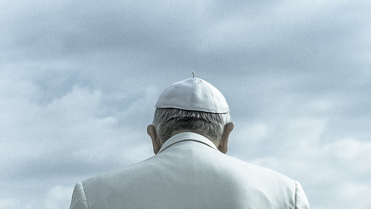 pope, back, photo, gray, cloudy, sky, man