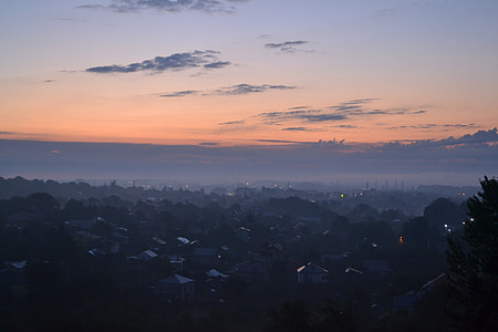 dawn, at home, fog, city, sun, village, landscape