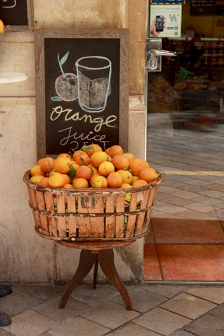 oranges, basket, display, board, slate, fruit basket, note