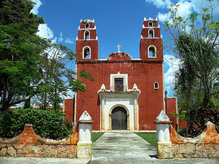 temax, Mexico, kirke, bygge, arkitektur, himmelen, skyer
