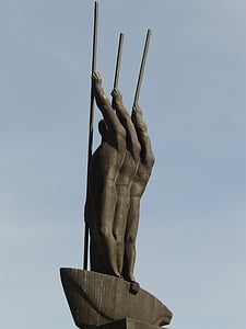 Monumento, bronce, estatua de, hombres, arranque, de remo, paleta