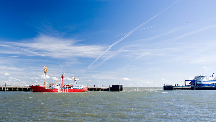 Cuxhaven, Bắc Hải, Port, tôi à?, bầu trời, nước, mặt trời