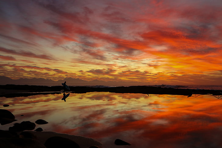 surfer, sunset, reflection, sunrise, sky, clouds, ocean