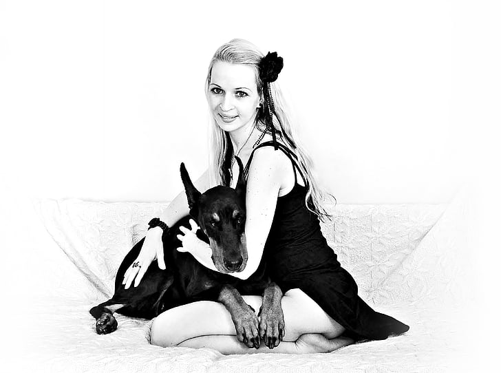 love, black white, blonde girl, woman with a dog, doberman, hug