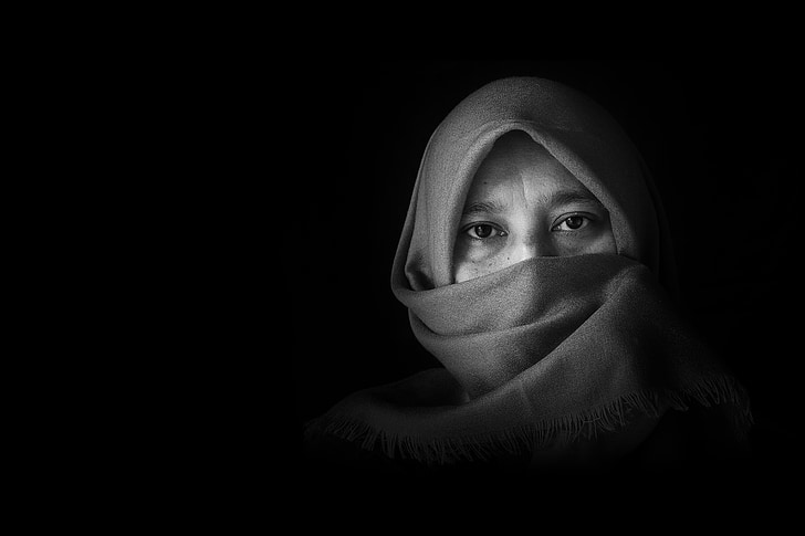 portrait, woman, fashion, black and white, arab style, hiding face