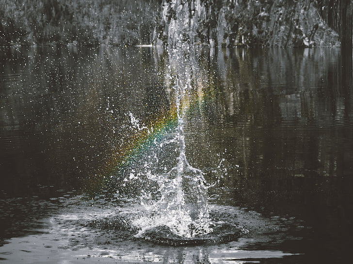 shallow, focus, photography, water, splash, rainbow, waterfall