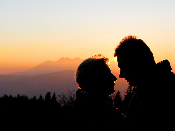 love, feeling, woman, male, sunset, the form of, mountains