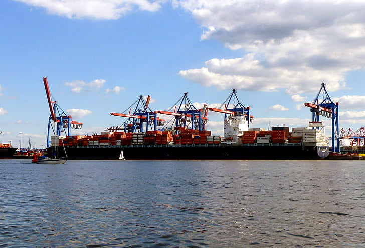 luka u Hamburgu, plavo nebo, oblaci, Kontejnerski terminal iscjedak, učitavanje, dizalica, brod