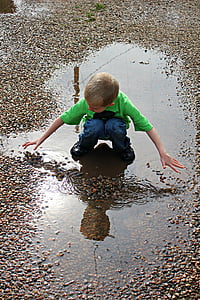 puddle, reflection, water, rain, rocks, dirty, boy