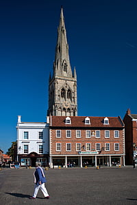 věž, kostel, Newark, Nottinghamshire, náměstí ve městě, historické, modrá obloha