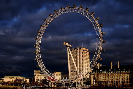 Londono akis, atrakcija, naktį, debesys, orientyras, Apžvalgos ratas, Didžiojoje Britanijoje