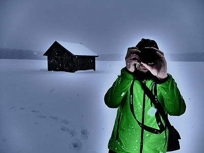 fotografas, nuotrauka, namelis, skalė, medienos, rąstinis namelis, sniego