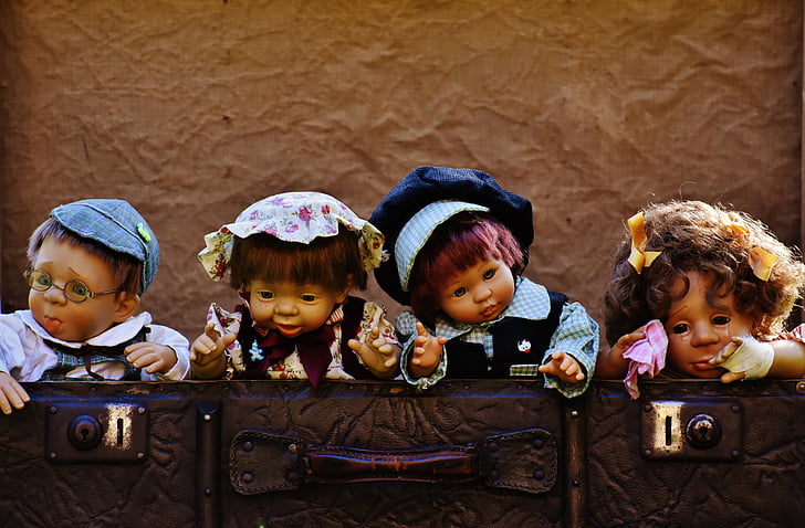 Puppen, niedlich, Kinder, lustig, Süß, Gepäck, Antik