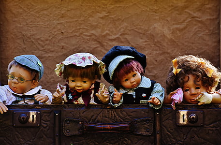 muñecas, lindo, niños, gracioso, dulce, equipaje, antiguo
