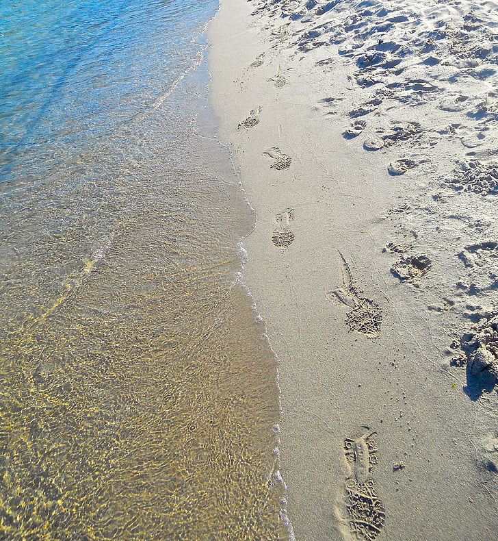 plage de sable fin, empreinte de pas, eau, mer, été, archipel, Stockholm