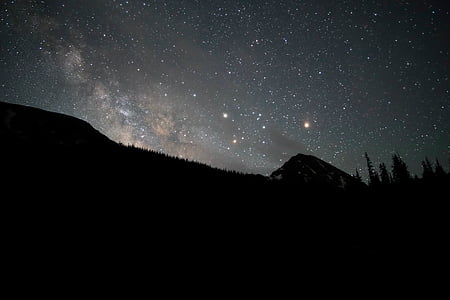 tumša, naktī, ceļojumi, piedzīvojums, kalns, koki, zvaigznes