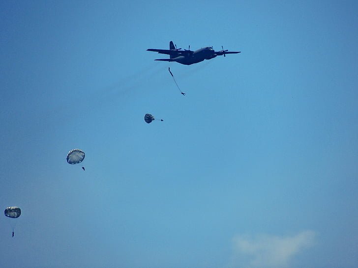 skydiving, parachute, plane, army, sky, blue, height