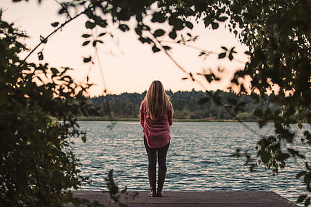 alone, girl, lake, outdoors, river, solo, trees