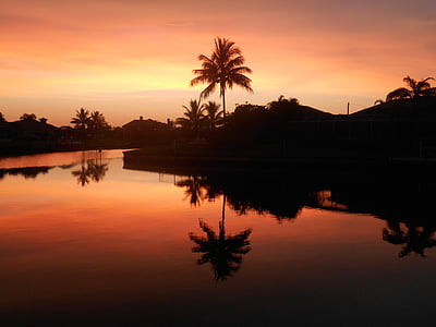 Florida, pôr do sol, canal, Cape coral, Estados Unidos da América, água, reflexão