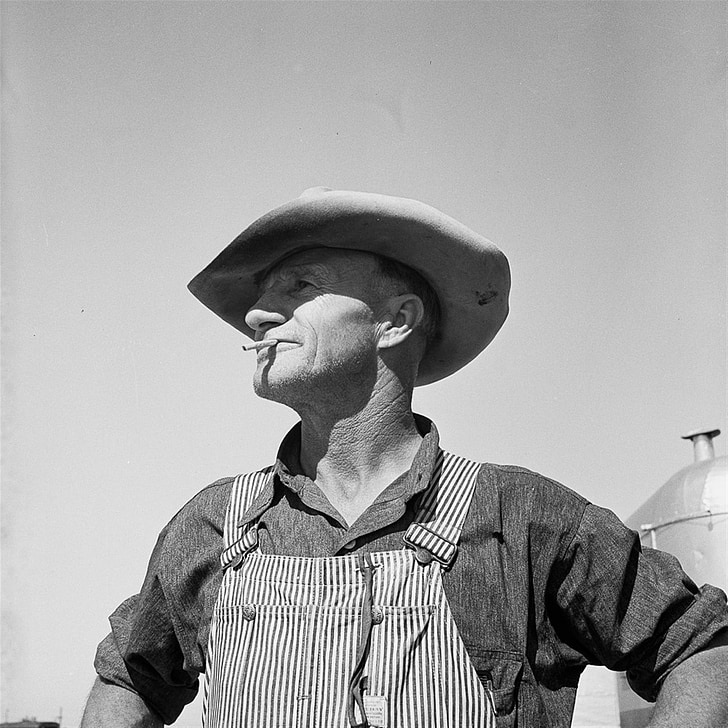 homem velho, chapéu, agricultor, fumar, vintage, de 1930, pessoa
