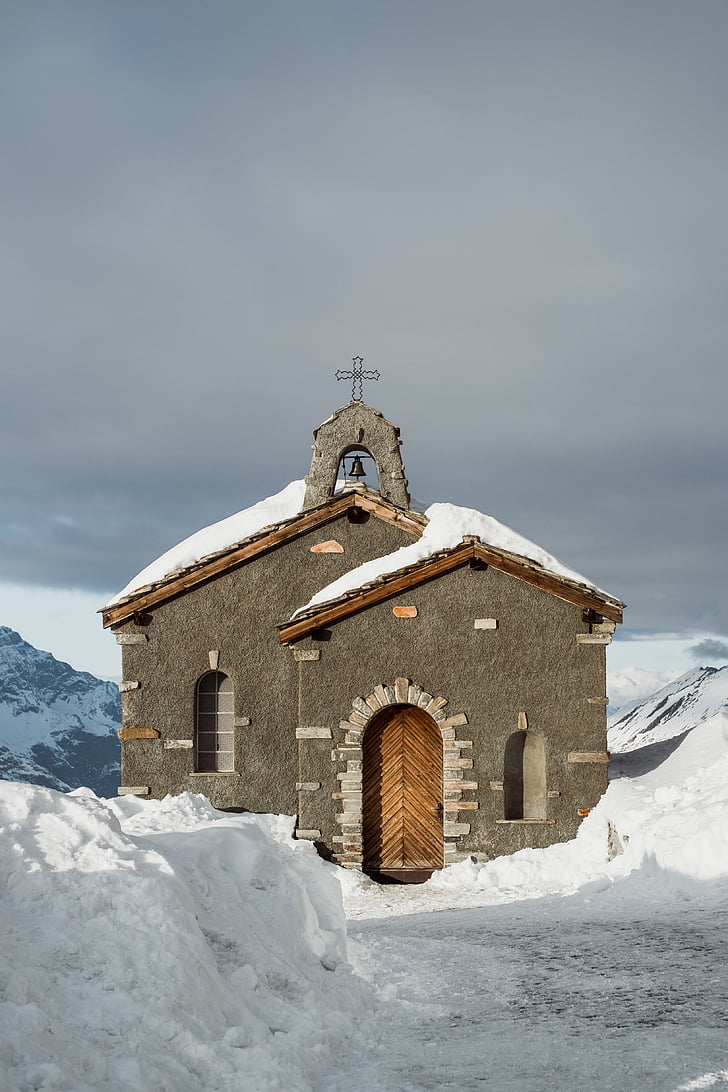 snow, covered, gray, church, clouds, cross, bell