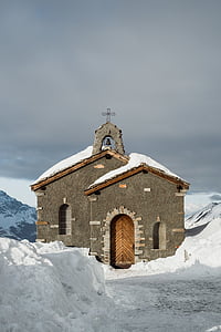 śnieg, pokryte, szary, Kościół, chmury, Krzyż, dzwon